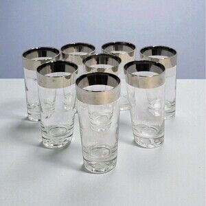 Set of 8 Dorothy Thorpe Silver Band Highball Glasses Vintage MCM Barware